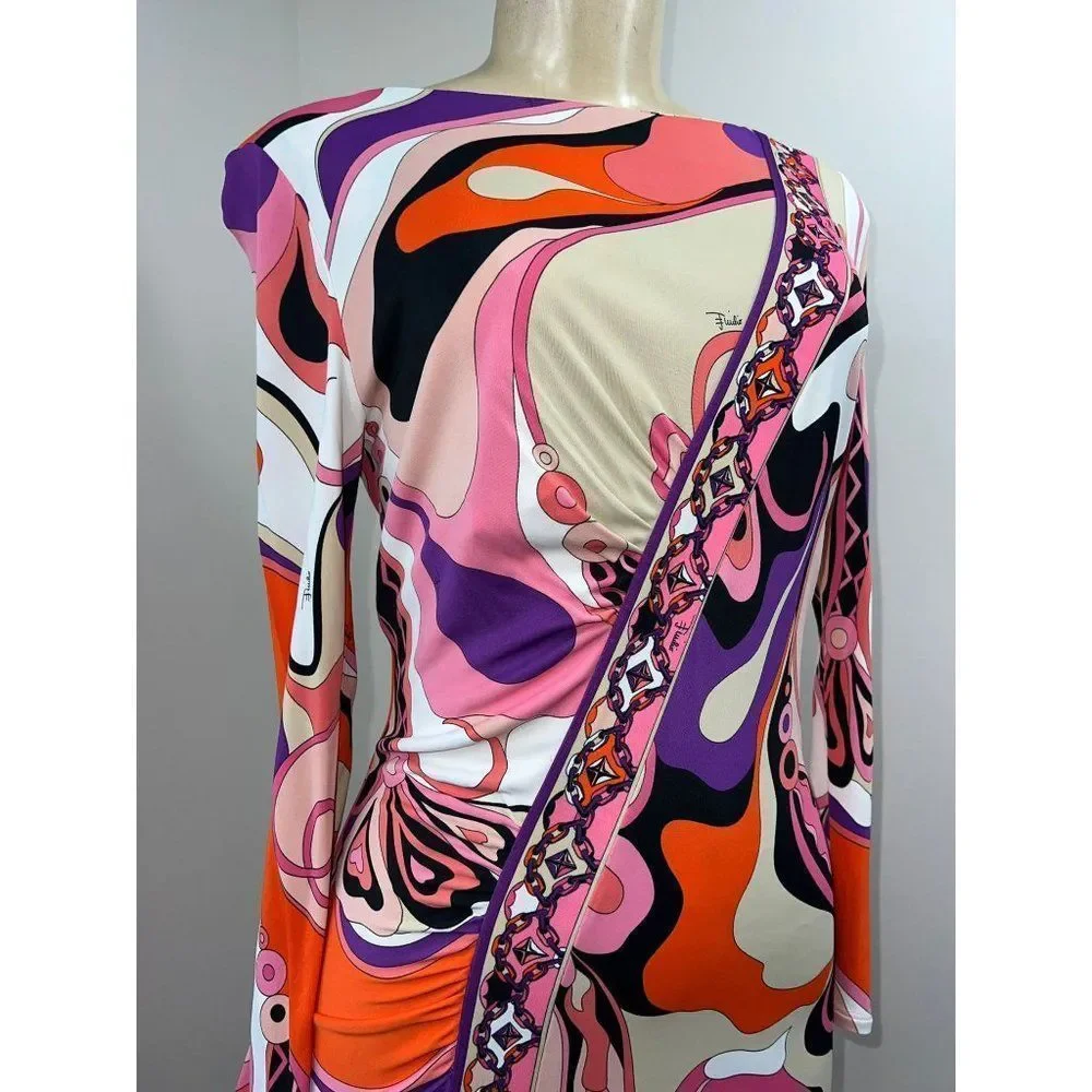 EMILIO PUCCI Pink Abstract Print Long Sleeve Knee Length Jersey Dress Size 10 - Picture 4 of 10